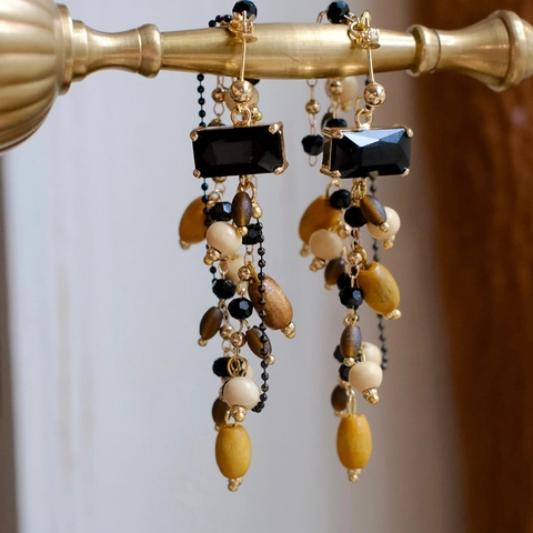 Böhmische Ethno Quasten Ohrhänger Mit 925 Sterling Silver Earring Post Holz Bunte Perlen Geometrisches Rechteck Harz