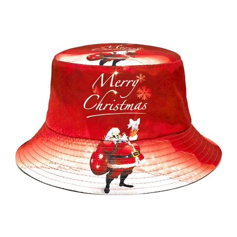 Reversible Christmas Bucket Hat Polyester Sun Protection Festive Santa Claus Print Fisherman Cap For Winter Holiday