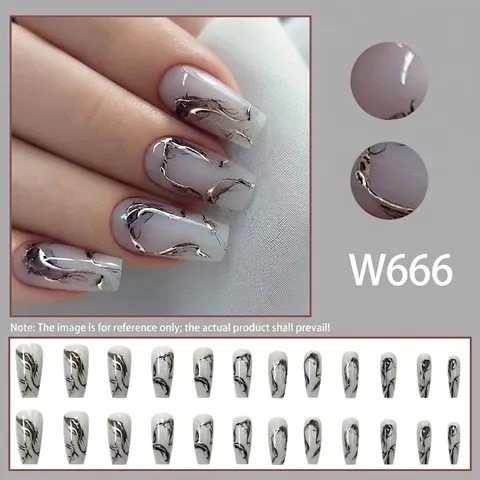 24 Pcs Long Coffin Press On Nails Ink Wash Marble Design With Gold Foil Lines Full Cover Artificial Fake Nails For Women Manicure