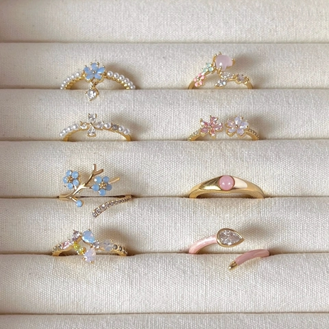 Fashion Copper Open Rings For Women Adjustable Zircon Artificial Pearl Flower Butterfly Heart Design Vintage Sweet Finger Jewelry