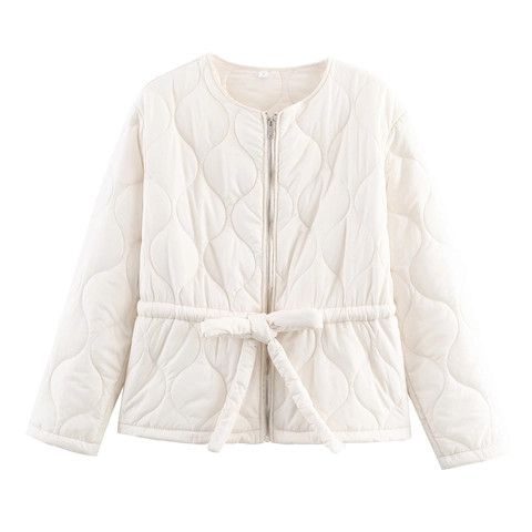 Women Quilted Padded Jacket Round Neck Zip Up Long Sleeve Solid Color Waist Belted Outerwear Casual Fashion