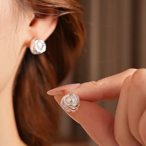 Spirale Geometrische Künstliche Perlenstecker Mit Silbernen Ohrstecker Französischer Retro-Stil Kupfer Schmuck Für Damen