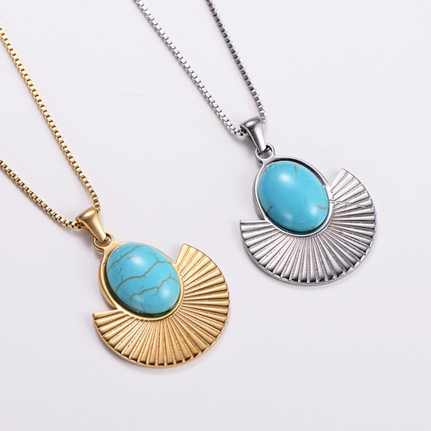 Vintage Fächerförmige Anhänger Halskette 316L Edelstahl Mit Türkis Inlay Bohemian Stil Schmuck Für Damen