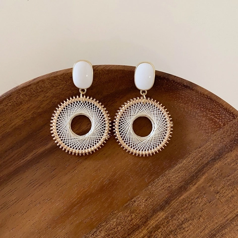 Bohemian Round Woven Drop Earrings With 925 Sterling Silver Earring Post Copper Hollow Geometric Jewelry For Women