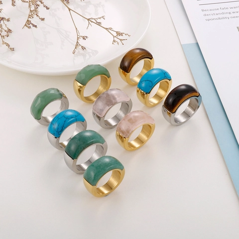Mode Brede Roestvrijstalen Ring Met Grote Edelsteen Geborstelde Afwerking Geometrische Sieraden Cadeau Voor Dames