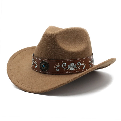 Chapeau De Cowboy Western Vintage Feutre Large Bord Style Ethnique Bande Cuir Brodée Avec Boucle Métal Et Turquoise