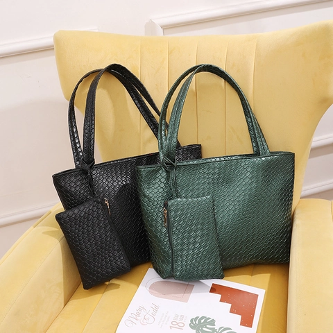 Damen PU Leder Gewebte Geprägte Tragetasche Mit Kleiner Clutch Große Kapazität Lässige Tägliche Schultertasche