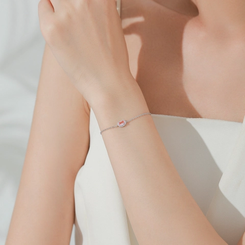 Pulsera de Plata de Ley 925 con Circonia Rosa para Mujer Lindo Sycee Ovalado Incrustado Estilo Coreano Minimalista Joyería Fina Regalo