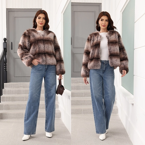 Cappotto In Ecopelliccia Donna Righe Sfumate Giacca Corta Maniche Lunghe Girocollo Inverno Autunno Caldo Streetwear