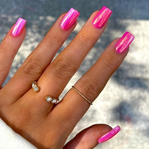 Press On Nails Pearlescent Aurora Pink Purple False Nails Removable Reusable Medium Long Square Shape For Women Decor