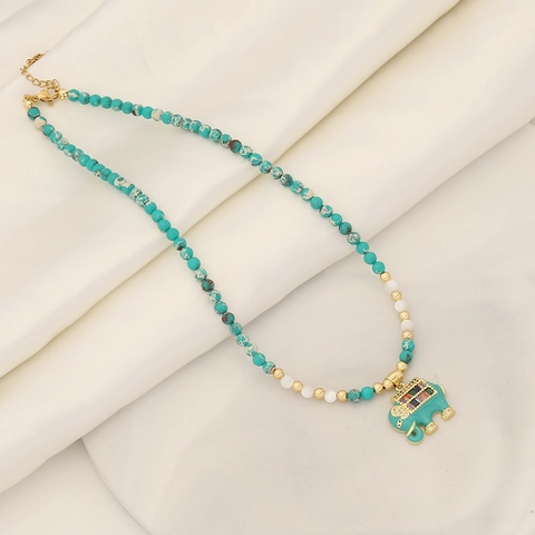 Collier Pendentif Éléphant Perles En Pierre Naturelle Zircon Coloré Cuivre Émail Boho Bijoux Faits Main Pour Femmes