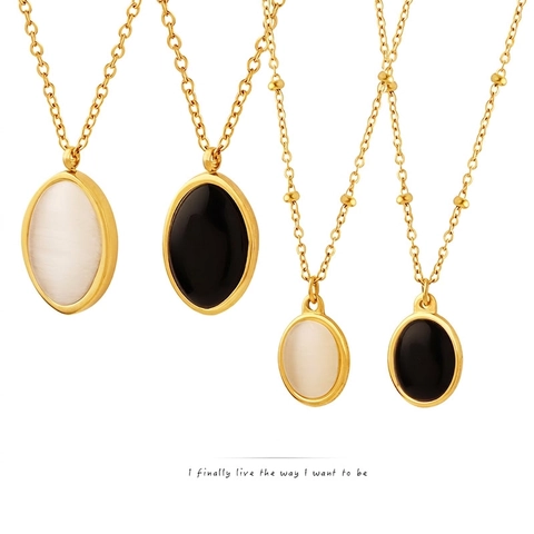 Retro Paleis Dames Ketting Titanium Roestvrij Staal Met Ovale Kattenoog Steen Hanger Sleutelbeen Ketting 18K Verguld Minimalistische Sieraden