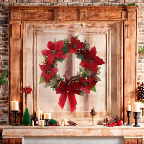 Corona Di Natale Con Fiori Di Poinsettia Rossi Palle Dorate Renna Fiocco Di Velluto Rosso Decorazione Porta Parete Plastica
