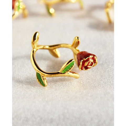 Bague Ajustable Ouverte Rose en Émail Fait Main Romantique Français Vintage en Laiton Plaqué Or Bijoux pour Femmes