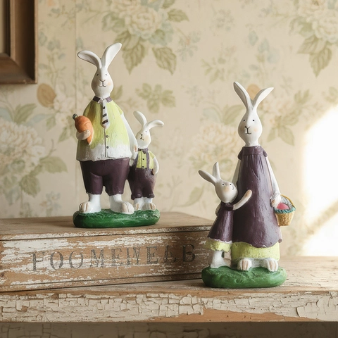 Figuras De Familia De Conejos De Resina Pintadas A Mano Estilo Rural Decoración Escritorio Pascua Regalo Cumpleaños Adorno