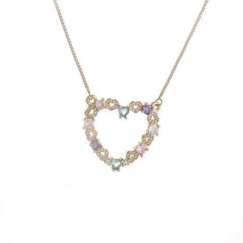 Hollow Heart Pendant Necklace For Women Gold Plated Copper Colorful Zirconia Inlaid Box Chain Exquisite Elegant Jewelry