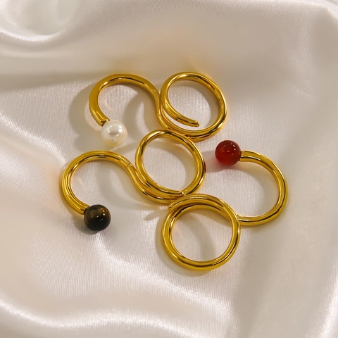 Anello In Acciaio Inossidabile A Forma Di S Placcato Oro 14K Anello Aperto Regolabile Con Agata Occhio Di Tigre Perla Artificial Gioielli Donna