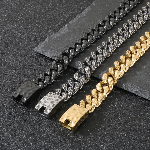 Herren Cuban Link Panzerkette 316L Edelstahl Gehämmerte Textur Vintage Robust Hip Hop Streetwear Schmuck