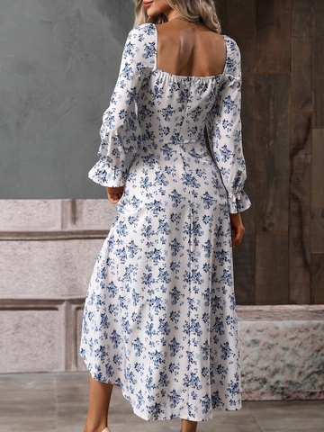 Square Neck Blumenmuster Maxi Kleid Langarm Seitenschlitz Polyester Elasthan Hohe Taille Eleganter Französischer Stil Damen