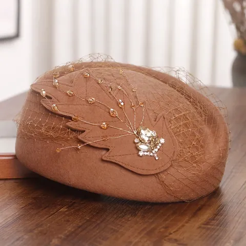 Basco In Lana Da Donna Stile Francese Cappello Pillbox Con Veletta In Rete Decoro Foglie Strass Vintage Elegante
