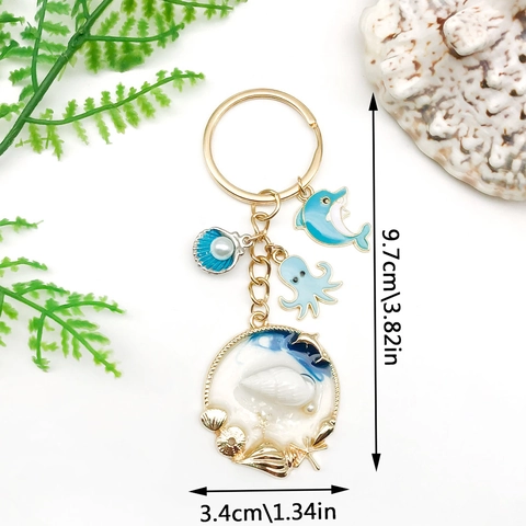 Portachiavi in Lega di Zinco Tema Oceano Delfino Polpo Conchiglia Perla Artificiale Ciondolo Smaltato Anello di Metallo Oro Regalo Gioielli Donna