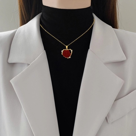 Heart Rose Pendant Necklace Red Flocked Flower Gold Titanium Steel Copper Zircon Romantic Elegant Jewelry For Women