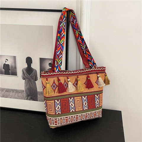 Ethnische Böhmische Gewebte Tragetasche Stoff Bunte Geometrische Quaste Schulterhandtasche Lässig Sommer Mode Damen