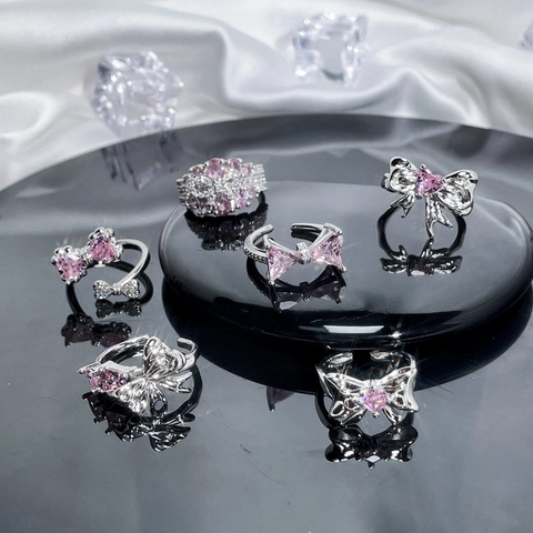Luxus Kupfer Rosa Zirkonia Schleife Offener Ring Für Damen Süß Cool Herz Muster Versilbert Verstellbarer Fingerring Modeschmuck Geschenk