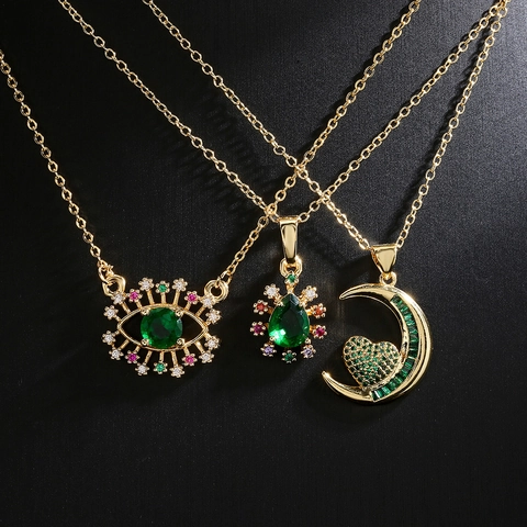 Vintage Boze Oog Hart Maan Hanger Ketting Koper 18K Verguld Groen Kleurrijke Zirkoon Sieraden Voor Vrouwen Elegant