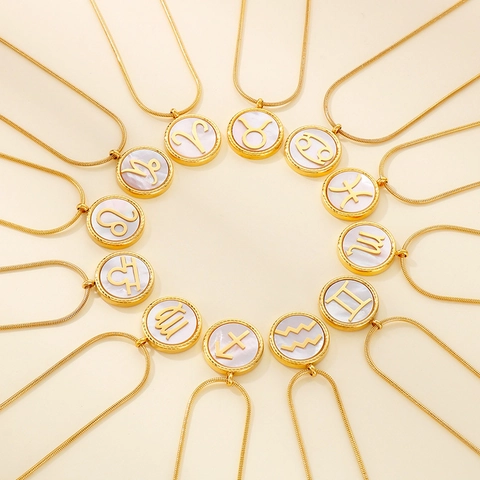 Zodiac Sign Hanger Ketting Roestvrij Staal 18K Verguld Wit Kunstparelmoer Schelp Inleg Slangenketting Voor Dames