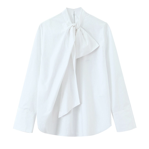 Blusa De Manga Larga Para Mujer Con Lazo Elegante Profesional Color Sólido De Poliéster