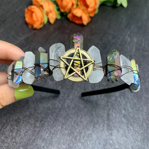 Handgefertigte Naturrohe Bergkristall Regenbogen Aura Kristall Krone Stirnband Mond Schmetterling Biene Braut Tiara Haar-Accessoires