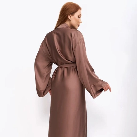 Vestaglia In Raso Da Donna Setosa Manica Lunga Scollo A V Con Lacci Indumenti Da Notte Marrone Scuro Peignoir Comfort