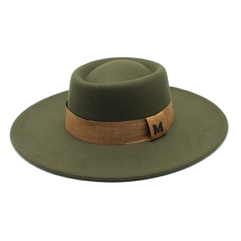 Wide Brim Fedora Hat Wool Felt Flat Top Vintage Retro Style With Metal Letter Decor For Men Women Winter Autumn