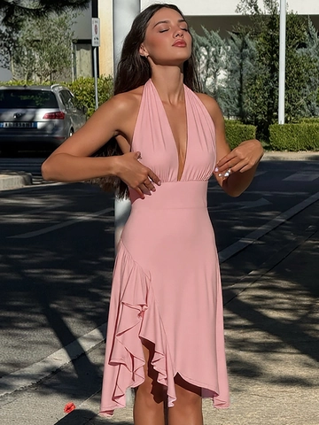 Halter Backless Deep V Midi Dress Polyester Spandex Ruffle Asymmetrical Hem Sexy Bodycon Party Club Women Pink