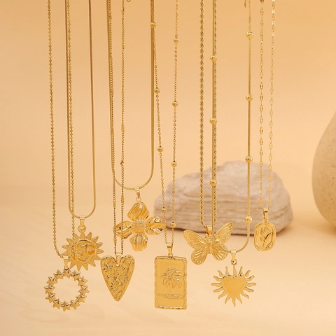 Collana Con Pendente In Acciaio Inossidabile Per Donna Placcato Oro Sole Cuore Farfalla Fiore Palma Ciondolo Gioielli Moda Chic