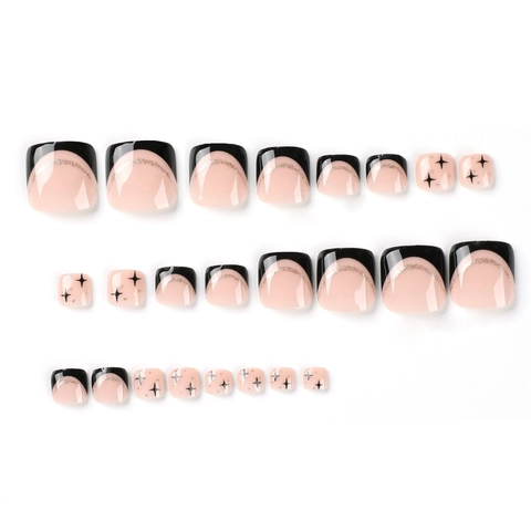 Künstliche Zehennägel Schwarz French Tip Nude Rosa Gold Glitzer Linien Stern Design Künstliche Fußnägel Für Frauen