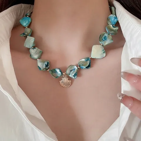 Collar De Perlas Artificiales Concha Bohemia Cuentas Azules Irregulares Colgante Concha Aleación Cierre De Palanca Estilo Vacaciones
