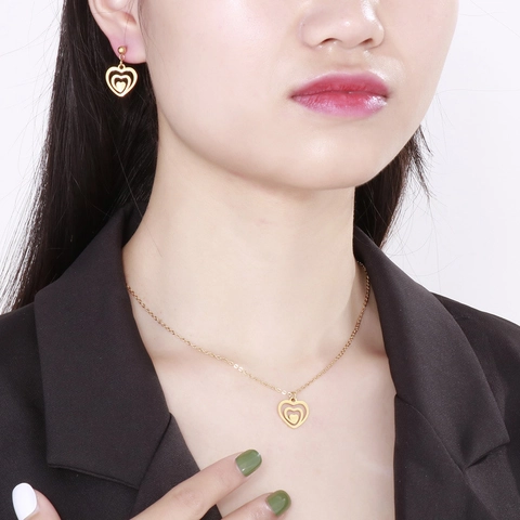 Minimalist Stainless Steel Heart Necklace And Earrings Jewelry Romantic Hollow Double Layer Heart Pendant For Women