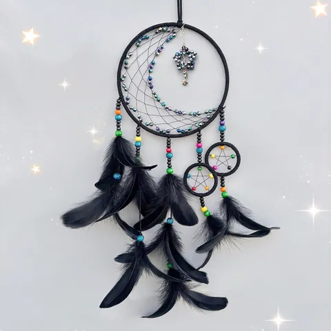 Dreamcatcher Wall Hanging Decor Black Feather Handmade Moon Star Charms Colorful Beads Boho Mysterious Bedroom Ornament