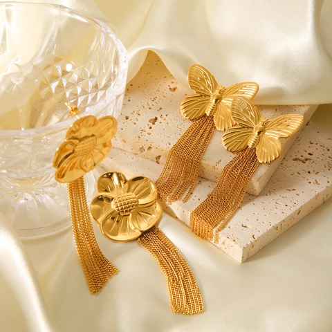 Pendientes Largos Con Flecos Mariposa Girasol Acero Inoxidable Chapado Oro Joyería Lujo Para Mujer Estilo Nicho Chic