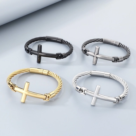 Cross Bangle Titanium Steel Cable Wire Twisted Bracelet Vintage Punk Style Jewelry For Men