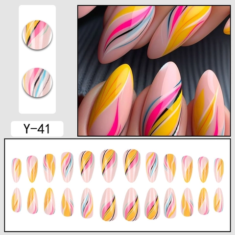 Unghie Finte Press On Mandorla Design Linee Di Flusso Astratte Colorate Lucide Per Donne
