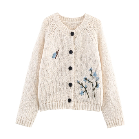 Gilet en Tricot Brodé de Fleurs et Papillons Vintage pour Femmes Col Rond Manches Longues à Boutons