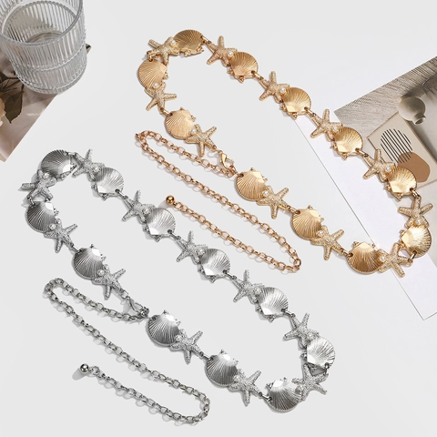 Catena In Vita Bohemienne Conchiglia Stella Marina Cintura Lega Perla Artificial Oceano Spiaggia Gioielli Per Il Corpo Regolabili Donna