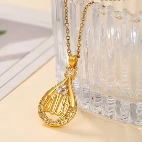 Fashion Waterdrop Allah Pendant Necklace Inlaid Rhinestone Religious Khanda Symbol Gold Plated Copper Jewelry For Women
