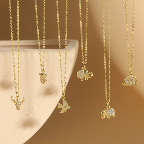 Collier Pendentif En Cuivre Exquis Petit Éléphant Hibou Oiseau Taureau Zircone Plqué Or Chaîne Clavicule Bijoux Pour Femmes