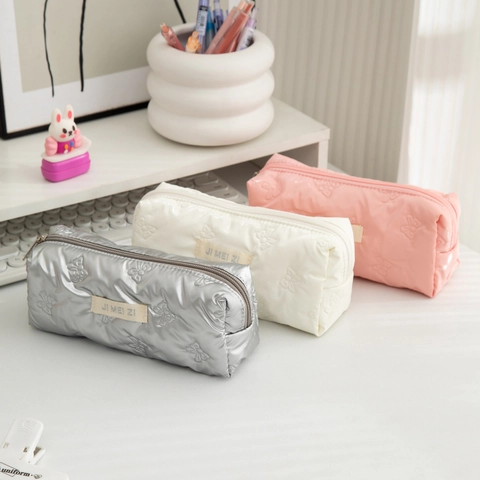 Butterfly Embossed PU Leather Pencil Case Large Capacity Stationery Organizer Pouch Zipper Quilted Puffy School Office