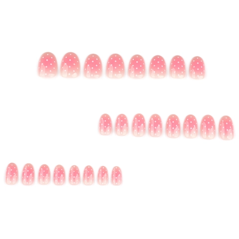 Press On Nagels Kort Rond Ovaal Roze Gradiënt Witte Polka Dots Glanzend ABS Kunstnagels Voor Dames