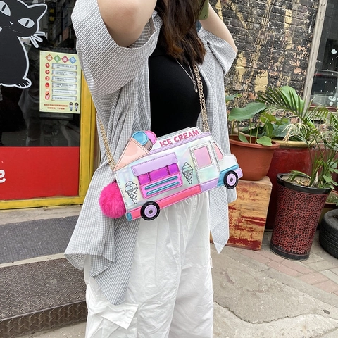 Novelty Ice Cream Truck Shape Laser Holographic Crossbody Bag For Women Colorful PU Leather Metal Chain Shoulder Bag With Pom Pom